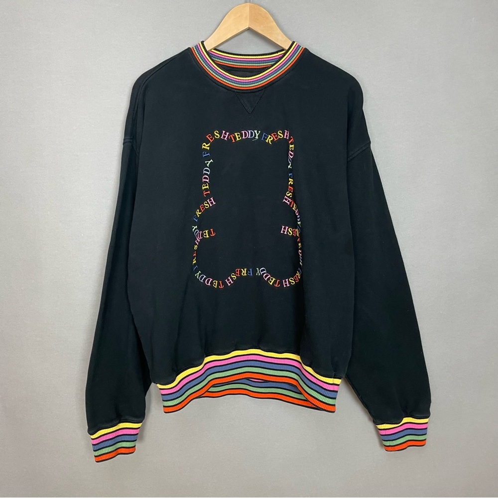 Teddy Fresh Sweatshirt Rainbow Outline Embroidered Black Sz Medium Rainbow Trim